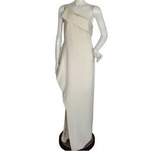 new HALSTON Maxi Dress, 10, Ivory, One Shoulder/Spag Strap, Single ruffle Gown